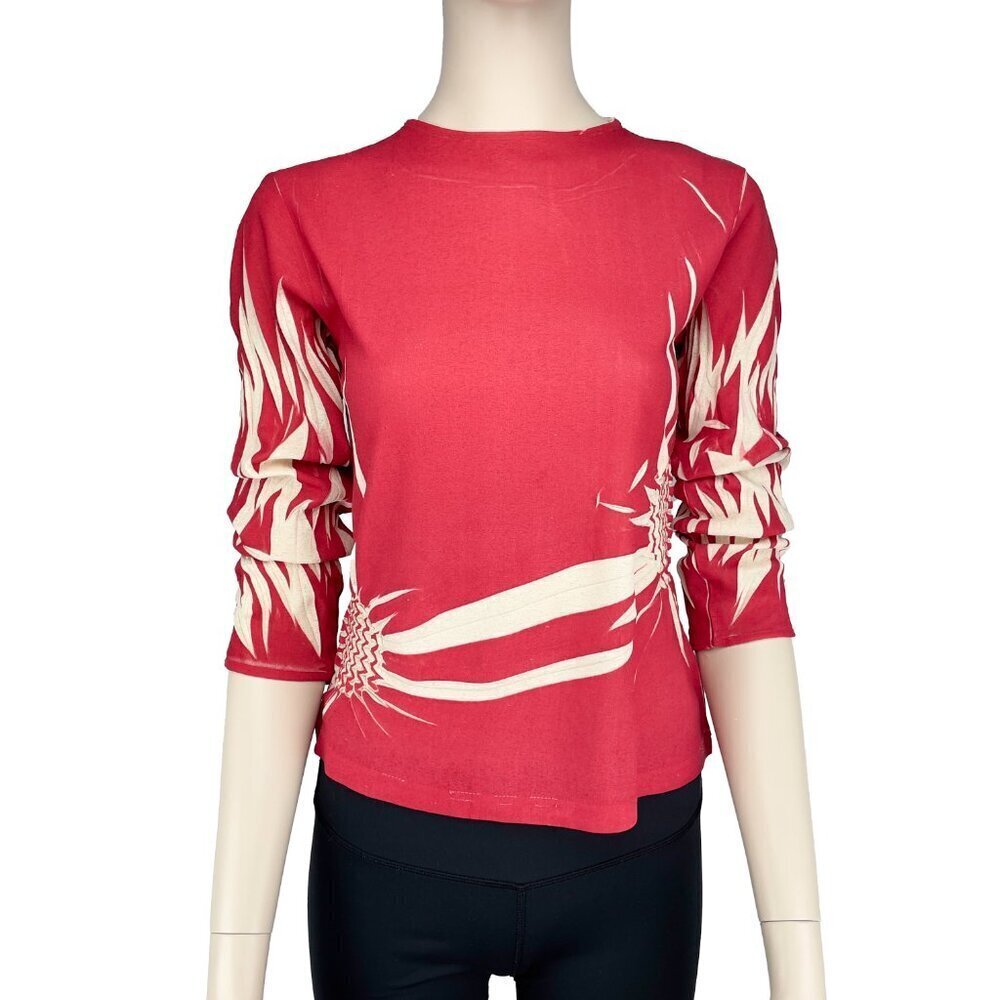 MAISON 123 PARIS Textured Y2K Contemporary Boho Red‎ Cream blouse Top sz 34-36